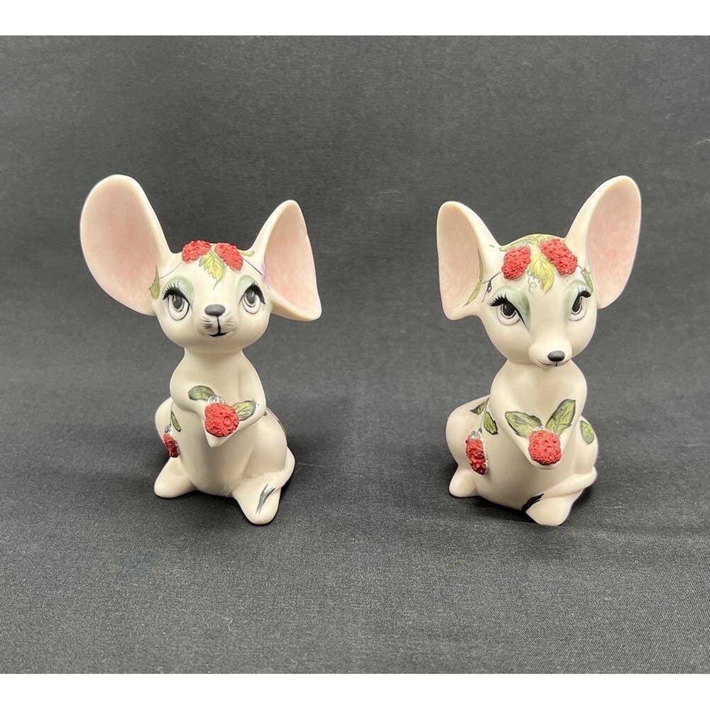 Vintage Ceramic Mouse Figurine Pair Hand Painted Strawberry Floral Kitsch Decor